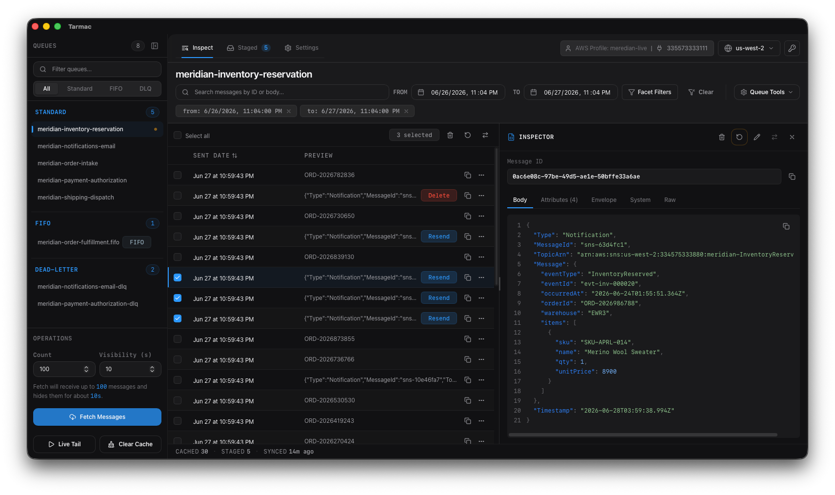 Tarmac desktop app showing the Inspect view of an order-dlq dead-letter queue with cached messages and an inspector panel